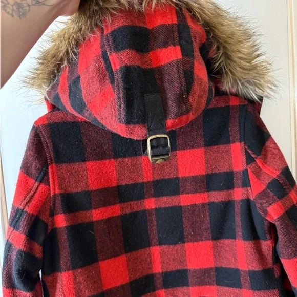 L.L. Bean Red and Black Plaid Wool Parka with Faux Fur Hood - Picture 7 of 10